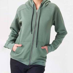 Women's Solid <b>Green</b> Hooded Zip-Up Fleece Hoodie Full Sleeve Regular Length Breathable Cotton Autumn Wear - Product Image 5