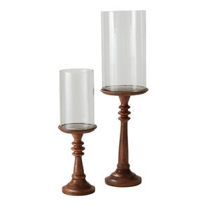 Grand porte-bougie en bois tourné avec abat-jour en verre pour les intérieurs de fermes et de chalets - Product Image 2