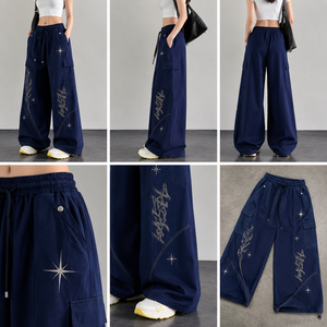 Pantalones Cargo de Pierna Ancha para Hombre, Cintura Elástica con Cordón, Diseño Bordado con Estampado de Personajes de Anime, Ropa Casual de Calle, Verano, 100% Algodón - Product Image 4