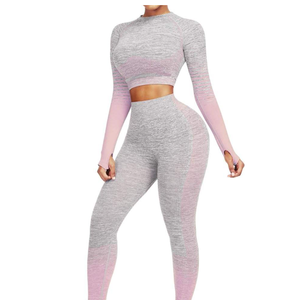 Women Solid Breathable Seamless 2Pcs Yoga Set Thumb Hole <b>Long</b> <b>Sleeve</b> Crop <b>Top</b> High Waist Leggings Gym <b>Workout</b> Sports Outfit - Product Image 3