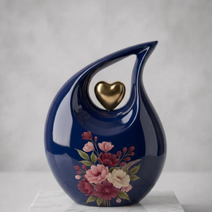Custom Teardrop Cremation Urn Decorative <b>Ashes</b> Memorial Vessel Blue Floral Heart <b>Keepsake</b> Shrine - Product Image 1
