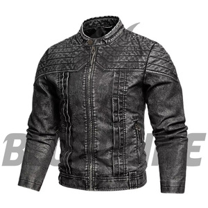 Men's Black PU Leather Moto <b>Biker</b> <b>Jacket</b> Slim Fit Zipper Closure Stand Collar Autumn Wear - Product Image 1