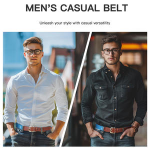 Ceinture de golf décontractée pour hommes en cuir véritable marron avec sangle en toile à boucle ardillon et motif brodé à l'aiguille, qualité supérieure - Product Image 5