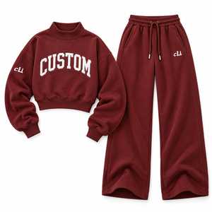 OEM Women's Mock Neck <b>Oversized</b> Sweatshirt Custom Applique Graphic Premium Fleece Tracksuit Wide Leg <b>Sweatpants</b> Maroon Two Piece - Product Image 4