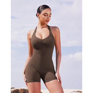 Color Block Panels Halter Yoga Jumpsuit Women Nylon Spandex Blend Sleeveless Full Length Shorts Contrast Sections - Product Image 5