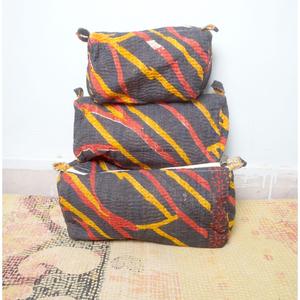 Indian Kantha Hand Block Print Cotton Cosmetic Bag Set with Tassel Zipper Closure Vintage Style-Women's Travel Makeup Pouch - Product Image 1