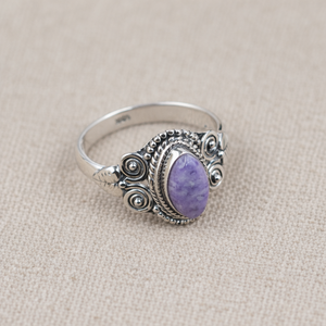 Anillo Boho Vintage Hecho a Mano con Cabujón Marquise de Charoita Natural y Plata de Ley 925, Joyería para Mujer y Unisex - Product Image 4