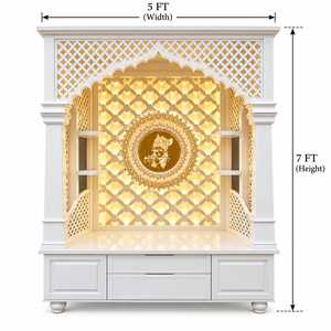 <b>Pooja</b> <b>Mandir</b> <b>Home</b> Temple 5 Feet Wide 7 Feet Tall Designer Wooden Hindu Prayer Unit with LED Backlit Panel Intricate Jaali Work - Product Image 2