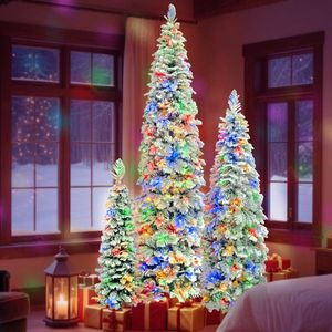 8FT <b>6FT</b> 4FT Pre-Lit Pencil Christmas <b>Trees</b> Set 3 Slim Fir <b>Trees</b> with 1370 PE Flocked Decoration for Xmas Holiday - Product Image 1