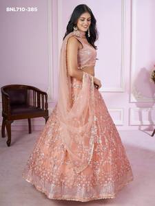Best Quality Heavy Soft Net with Badla, Thread, Sequins & Zari Embroidered A-Line Peach Lehenga-Choli Set At Wholesale Rate - Product Image 2