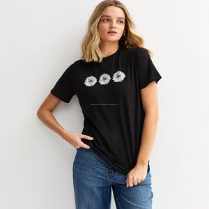 Camisetas Estampadas de Alta Calidad para Mujer, 100% Algodón y Spandex, Tela Suave, Estampado de Margaritas, Cuello Redondo, Corte Regular, Detalle de Botones - Product Image 3