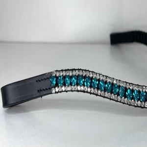 Beautiful Handmade Blue Green Diamante <b>Crystals</b> Rhinestones Bling Padded Black Leather Horse Brow Band with <b>Stitched</b> Loop Ends - Product Image 3