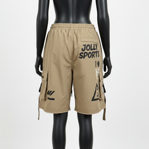 Shorts cargo coupe-vent pour femmes en tissu nylon GSM, panneaux kaki et noirs, impression sérigraphique, logo personnalisé - Product Image 2