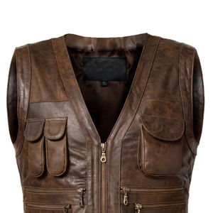 Gilet en cuir slim sans manches pour homme, personnalisable, avec col montant, logo frontal, imperméable, vente en gros - Product Image 4