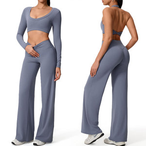 Ensemble de vêtements de sport pour femmes, haut court dos nu bleu marine, leggings sans couture taille haute, spandex polyester, tenue de yoga 2 pièces - Product Image 2