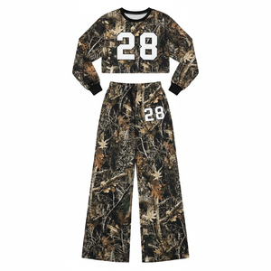 Men Camouflage Two-Piece Tracksuit Set <b>Crop</b> <b>Top</b> Loose Fit Jogger Pants Full Sleeve Hooded Zipper Fly Closure Acid Wash 100% - Product Image 5
