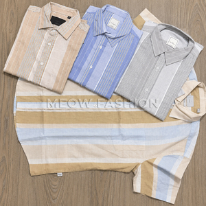 เสื้อเชิ้ตผู้ชายลายทางแนวตั้ง แบรนด์ Remi Cotton ผลิตในบังกลาเทศ เสื้อเชิ้ตแบบลำลองติดกระดุม สินค้าส่งออก ล็อตสต็อก เสื้อผ้าขายส่งราคาถูก - Product Image 2
