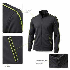 Veste de sport noire en polyester pour homme avec bordure vert citron, col montant, fermeture éclair, design sportif, logo personnalisé sur le devant - Product Image 6
