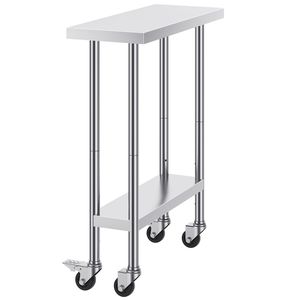 Banco da Lavoro in Acciaio Inox Resistente 30 X 12 X 38 Pollici con 4 Ruote e 3 Livelli di Altezza Regolabili per Preparazione Alimenti - Product Image 1