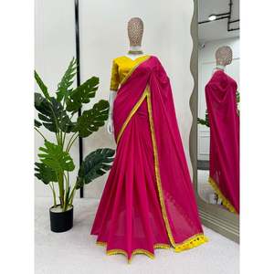 ATTRACTIVE COTTON <b>LACE</b> WITH LATKAN on PALLU WORK SAREE WITH UNSTITCHED BLOUSE <b>PINK</b> - Product Image 1
