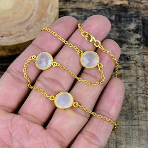 Natural White Onyx Round Shape Charm Gemstone <b>Chain</b> Necklace 18k Gold Micron Over 925 Sterling Silver - Product Image 4