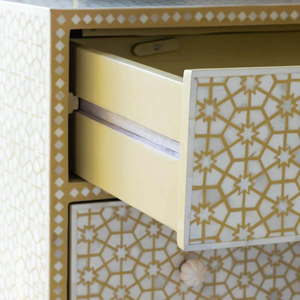 Commode à 3 tiroirs de style mid-century avec motif géométrique jaune moderne, meuble de rangement pour chambre à coucher et salon - Product Image 3