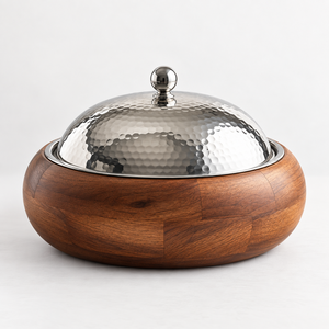 Luxury Wooden Casserole <b>Serving</b> <b>Dish</b> with Hammered Stainless Steel Dome Lid - Product Image 3