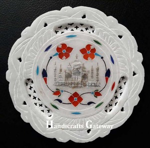 Newest Design Pure Handmade <b>White</b> Marble Flower And Bird Shape Inlay Work <b>Round</b> Shape Decorative Plate For Kitchen Decoration - Product Image 2