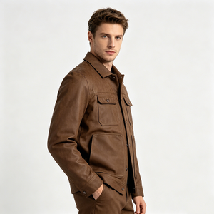 Veste en cuir véritable pour homme, style workwear, col rabattu, couleur unie, fermeture à boutons, vêtement d'extérieur pour l'automne - Product Image 2