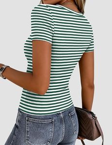 T-shirt décontracté en jersey de coton à rayures vertes et blanches pour femmes, col rond, manches courtes, coupe ajustée, printemps été - Product Image 6