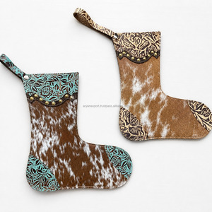 Hot Selling Product 2026 Occasion <b>Christmas</b> Small <b>Stocking</b> Genuine Cowhide Leather Use Floral Embossed Brown <b>Christmas</b> <b>Stocking</b> - Product Image 2