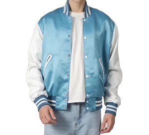 Blouson bomber satiné bleu ciel clair pour homme avec manches blanches, boutons-pression personnalisés sur le devant, patchs en sergé et logo en lettres chenille - Product Image 3