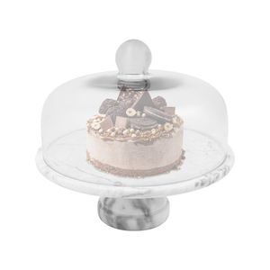 Premium White <b>Marble</b> <b>Cake</b> Dome With Transparent Glass Cover For Elegant Kitchen Display And Luxury Dessert Presentation - Product Image 2