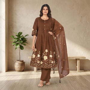Ensemble Anarkali en coton brodé marron avec dupatta pour femmes, pour les fêtes et les festivals, de la part de Samp Corporation - Product Image 1