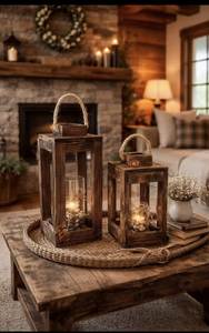 Lanterne carrée rustique en bois faite à la main avec poignée en corde, support décoratif pour bougie et pot, idéale pour la maison, les mariages, Thanksgiving et Noël - Product Image 1
