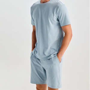 Conjunto de camiseta y pantalones cortos de algodón azul claro para hombre, cuello redondo, transpirable, informal, de verano, de dos piezas - Product Image 2