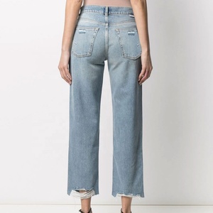 Jean droit taille haute pour femme, style vintage, coupe ample, en denim de coton, avec déchirures aux genoux - Product Image 3