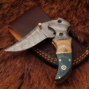 Pasha Enterprises Industrial Grade Damascus <b>Multi</b>-Functional Outdoor Folding Pocket Knife Black Horn Handle Leather Sheath - Product Image 1