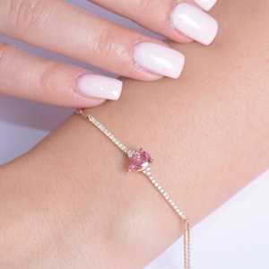 Bracelet Manchette en Argent Sterling 925 Plaqué Or Rose 14K avec Saphir Rose Poire, Bijou Pierre de Naissance, Cadeau - Product Image 6