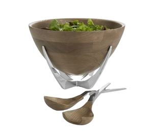 Plato de ensalada de madera marrón de alta calidad con cucharas de tazón de servir de Metal para el hogar Hotel restaurante frutas comida USO COMERCIAL - Product Image 1