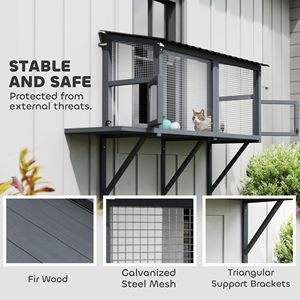 Enclos extérieur pour chat en bois gris avec fenêtre, perchoir et plateforme de saut, sûr pour que votre animal profite des vues extérieures - Product Image 5