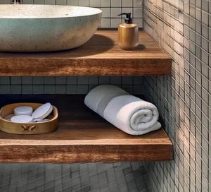 Mueble de baño flotante artesanal con encimera de madera y estante, lavabo de pared duradero para baño de lujo - Product Image 3