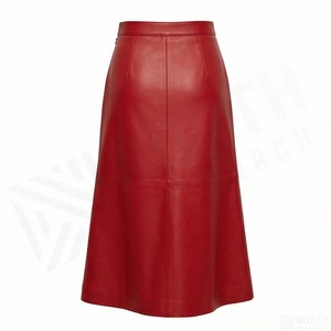 Jupe midi trapèze rouge en similicuir pour femme, couleur unie, élégante, longueur mi-mollet - Product Image 2