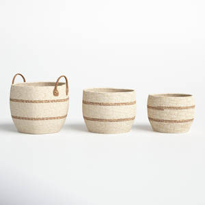 Lot de 3 paniers ronds en maïs beige et marron avec poignée en cuir, rangement tissé, décoration d'intérieur - Product Image 4