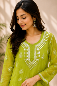 Realza tu estilo diario con esta elegante kurta recta bordada en verde lima. Compra directamente del proveedor. - Product Image 2