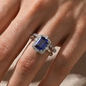 925 Moissanite 3.0Ct Halo <b>Emerald</b> Cut Blue Sapphire Engagement <b>Ring</b> in Sterling <b>Silver</b> Gold Plated Wedding Band. - Product Image 6