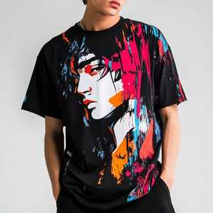 Camiseta Negra de Manga Corta para Hombre con Estampado de Personajes Coloridos, Cuello Redondo, Corte Regular, Algodón Jersey, Estilo Urbano - Product Image 3