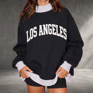 Custom New <b>Los</b> <b>Angeles</b> Letter Print Oversized Crew Neck <b>Sweatshirt</b> Women Drop Shoulder Long Sleeve Knitted Cotton Autumn Wear - Product Image 4