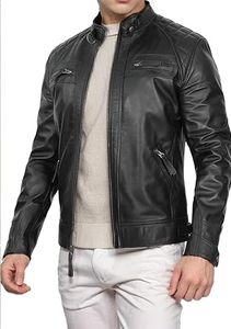 Veste en cuir d'agneau noir originale pour homme, style motard - Product Image 5