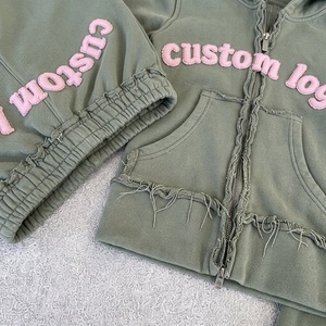 Custom Logo Winter Distressed Full Zip Pullover <b>Towel</b> Embroidery Tracksuit 2 Pieces Cozy Cropped Hoodie Sweatpants Set Women - Product Image 5